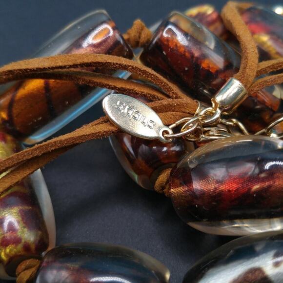 Chico's Animal Print Large Bead Necklace, Clear Lucite, 2 Suede Strands, 28 Inch - Picture 10 of 10